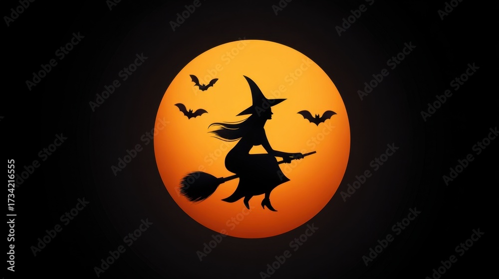 Fototapeta premium Witch on a Broomstick Flying Against a Large Orange Moon with Bats Silhouetted in the Night Sky