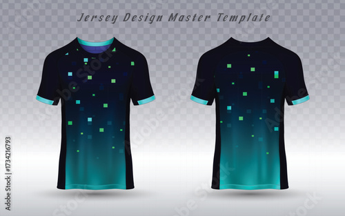 Sports jersey with dark blue to turquoise gradient and digital pixel pattern, shown in front and back views. Ideal for e-sports uniforms, athletic apparel, and futuristic sublimation printing.