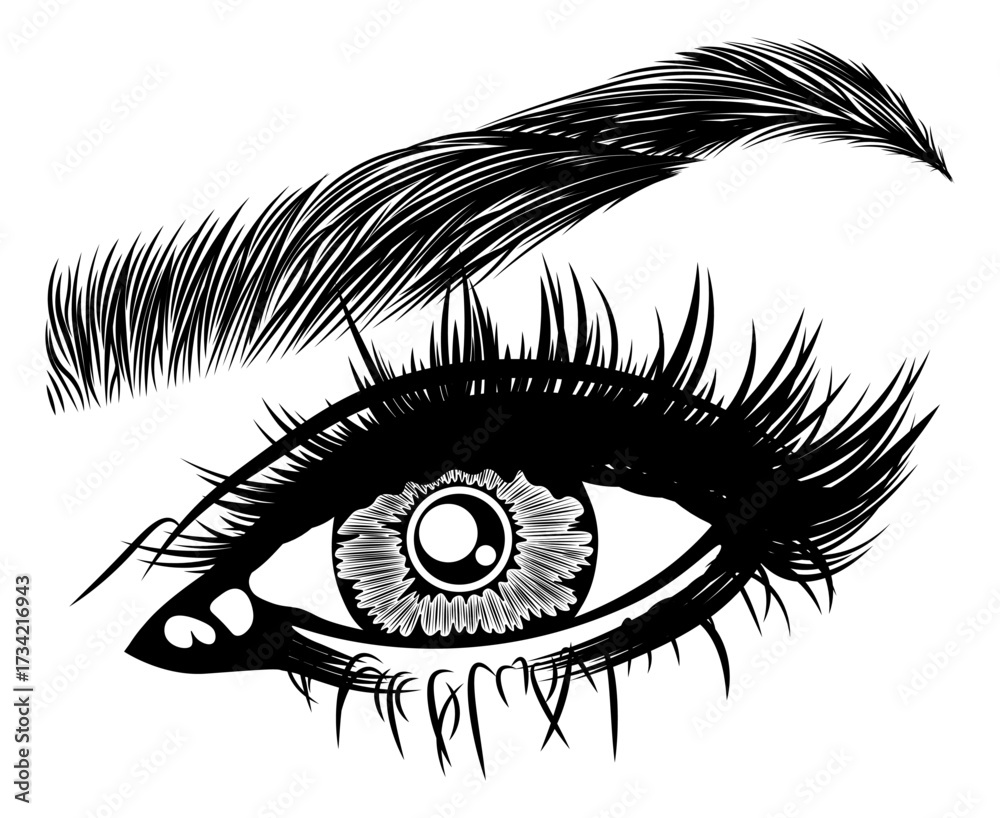 Obraz premium Illustration with woman's eye, eyelashes and eyebrow. Makeup Look. Tattoo design. Logo for brow bar or lash salon.