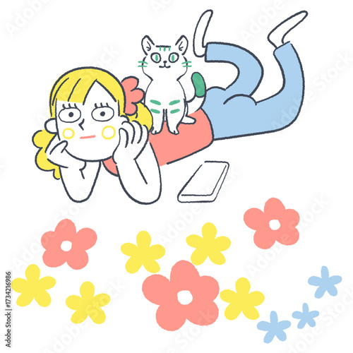 花と猫に囲まれてリラックスしたやさしい雰囲気の女性相談員　花に囲まれ猫とリラックスする女性
