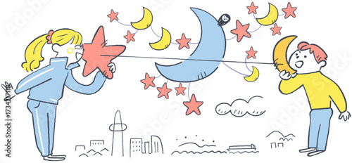 星と月でつながる夜の会話　女性相談員と少年のイラスト
