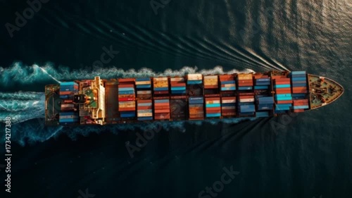 A breathtaking top angle cinematic view of a massive cargo ship transporting colorful shipping containers across the deep blue ocean, symbolizing global trade, logistics, and maritime commerce