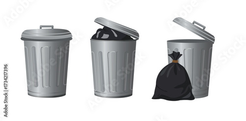 Metal Trash Cans Illustration Garbage Disposal Waste Management Sanitation Litter Control Bagged Trash Recycle Bins
