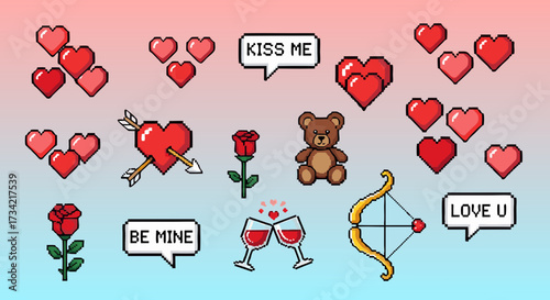 Colorful Valentine's Day icons with hearts, roses, and messages  