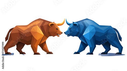 Bull and bear facing each other isolated on transparent background, low poly style