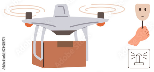 quadcopter carrying a box, a hand holding a face mask symbol, and an alert icon highlight delivery, surveillance, automation, logistics, security, identity and innovation. Ideal for modern tech simple