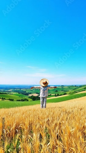 Person in hat stands in golden wheat field with outstretched arms under blue sky