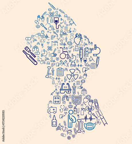 Map of Guyana formed by icons related to medicine and healthcare system. SUS. Public healthcare. America