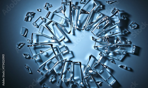 Broken glass shards arranged in circular pattern high-contrast lighting concept of fragility  Generative AI