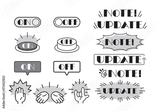 資料用 Icon Set (monochrome)– プレゼン資料に使える ON/OFF・NOTE・UPDATE・ハンドサイン アイコン集(白黒)