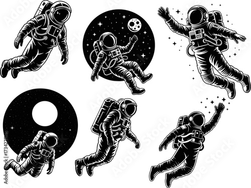 Retro Style Astronaut Collection Featuring Six Different Poses for Space Exploration and Cosmic Adventures Bundle Design