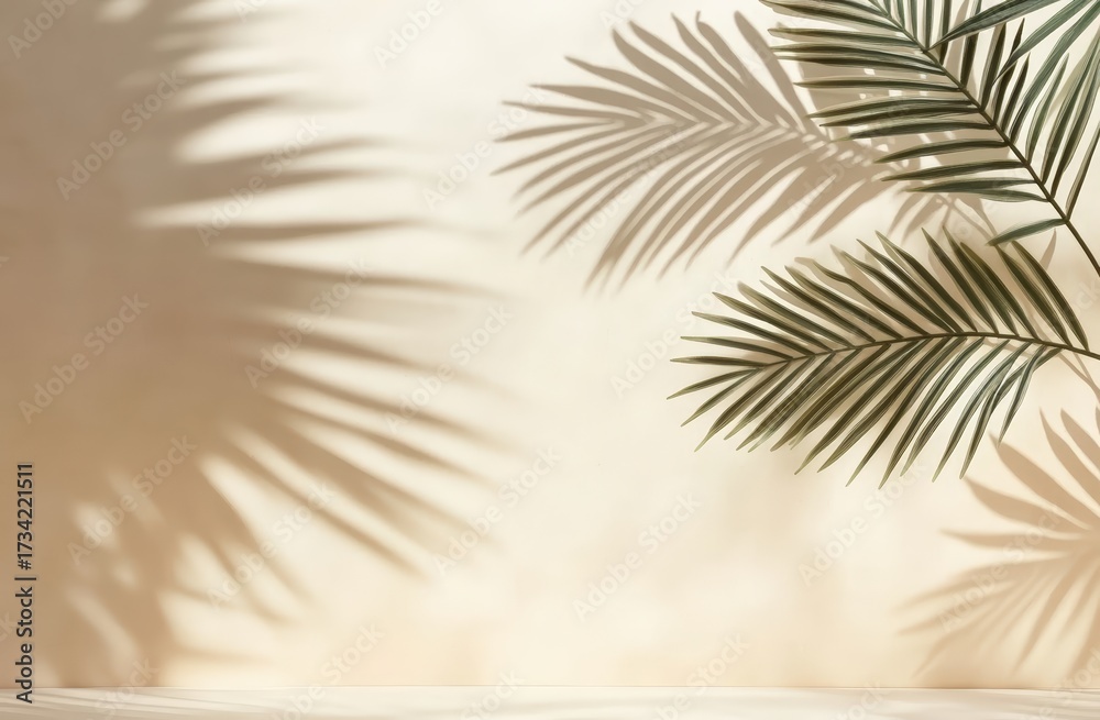 Fototapeta premium A serene backdrop featuring the delicate shadows of palm leaves cast on a soft, beige surface, creating a tranquil and elegant atmosphere.