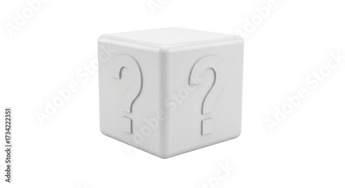 Isolated cartoon cube with question marks on two sides, 3D rendering, mystery box concept