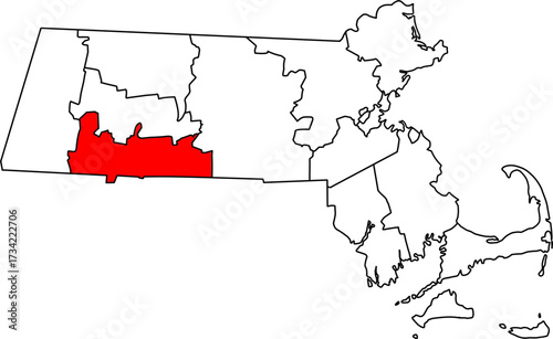 Detailed vector map of Massachusetts highlighting Hampden County, a major metropolitan and industrial region anchored by the city of Springfield.

