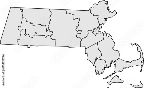 Detailed gray vector map of the Commonwealth of Massachusetts featuring all county borders and internal divisions.

