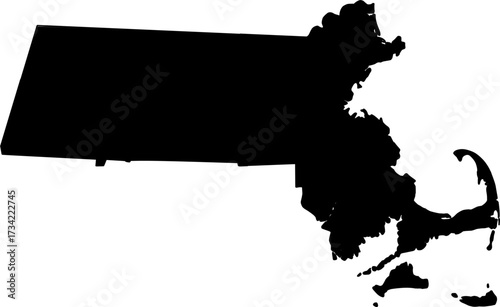 black vector silhouette map of the Commonwealth of Massachusetts, isolated on a neutral background.