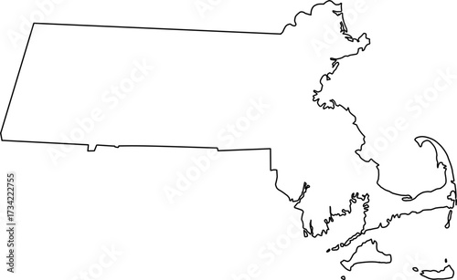 Highly precise detailed vector outline map of the Commonwealth of Massachusetts, isolated and ready for cartography and political illustration.

