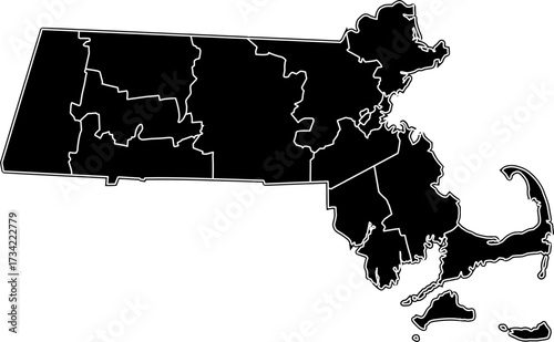 Detailed black vector map of the Commonwealth of Massachusetts featuring all county borders and internal divisions.

