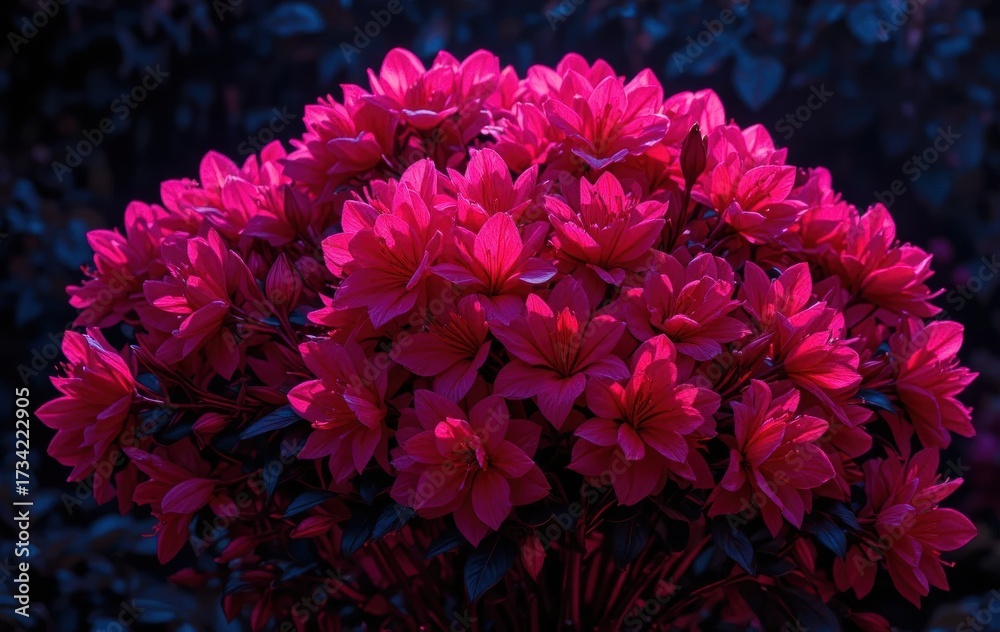 Obraz premium A vibrant bouquet of pink flowers, showcasing lush petals and rich green leaves, set against a dark background for striking contrast.