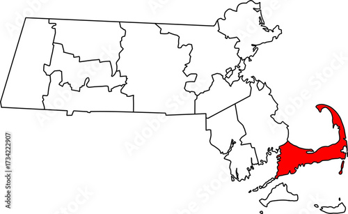 Detailed vector map of Massachusetts highlighting Barnstable County, the unique administrative region covering the entire Cape Cod peninsula.

