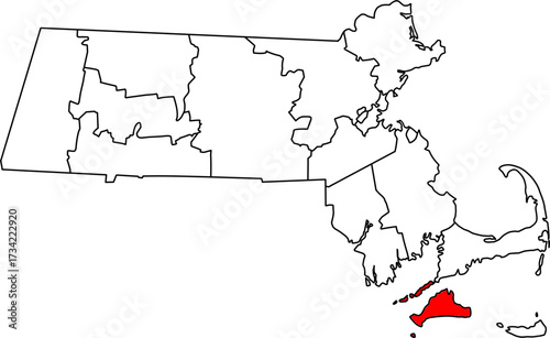 Detailed vector map of Massachusetts highlighting Dukes County, an administrative region consisting primarily of the famous island of Martha's Vineyard.

