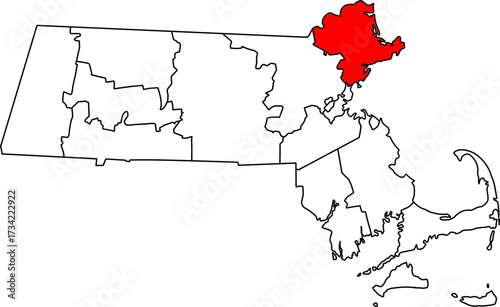 Detailed vector map of Massachusetts highlighting Essex County, a historic and densely populated coastal region known as the North Shore.

