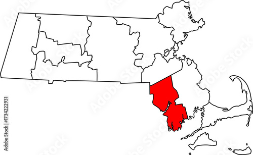 Detailed vector map of Massachusetts highlighting Bristol County, a key administrative and coastal region in the southeastern part of the Commonwealth.


