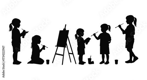 Children engaged in art activities with an easel a beautiful silhouette