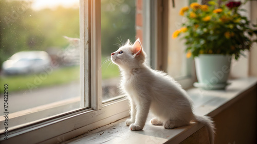 A white cat sitting on the windowsill looks out the window.