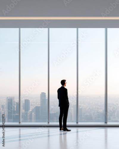 Pensive businessman in suit stands alone inside modern office, looking out large window at cityscape, thinking about future success and his career ambition