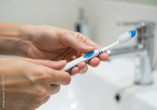Wallpaper Mural Close up of a toothbrush held by hands for personal dental care routine in a bathroom setting Torontodigital.ca