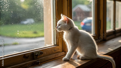 A white cat sitting on the windowsill looks out the window.