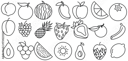 Tropical and Fresh Fruits Outline Vector Collection – Bananas, Pineapples, Strawberries, Apples, Watermelons