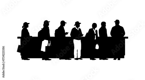 Silhouette of people standing in line at a counter. customer service concept.