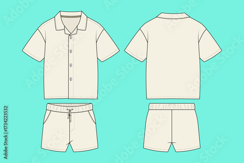 Hawaiian Matching Shirt and Shorts Resort Wear Set Fashion Flat Sketch Outline CAD Template.	

