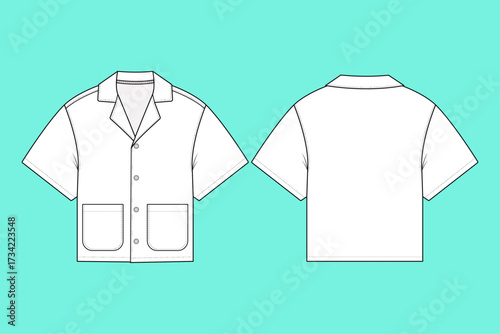 Men's Short Sleeves Button-down Revere Collar Arkie Shirt Fashion Outline Flat Sketch CAD Mockup.