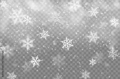 Realistic Christmas snowflakes and holiday snow background, snowfall overlay effect, winter backdrop. Isolated vector falling ice crystals descending from the sky. Tranquil wintertime magic layout