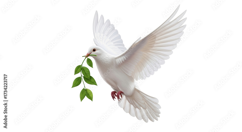 Fototapeta premium Isolated white dove with olive branch bringing peace, hope, and prosperity to all mankind