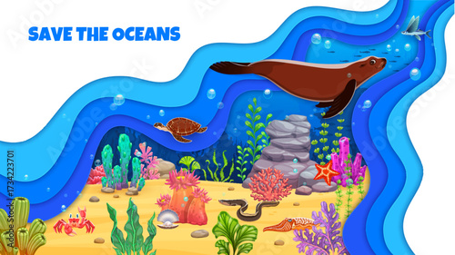 Save the ocean paper cut banner with cartoon sea animals in deep underwater landscape. 3d vector environmental conservation and World ocean day awareness with seal, fish, crab, and turtle on seafloor