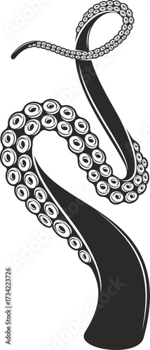 Octopus tentacles tattoo. Kraken or squid monster black and white arm curling upward with suction cups. Vector marine creature feeler wraps in swirling pattern, suggesting strength, fluidity, mystery
