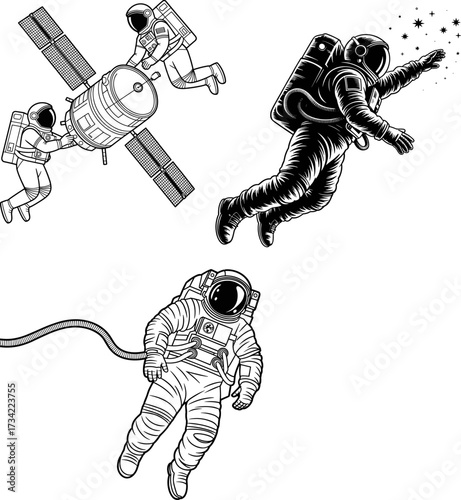 Illustrations depicting astronauts engaged in various activities including space station maintenance and free space exploration with a sense of wonder and adventure
