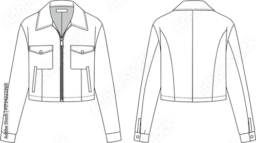 CAD drawing flat vector illustration of fashionable cropped utility jacket with zipper front, chest flap pockets, long sleeves and structured collar