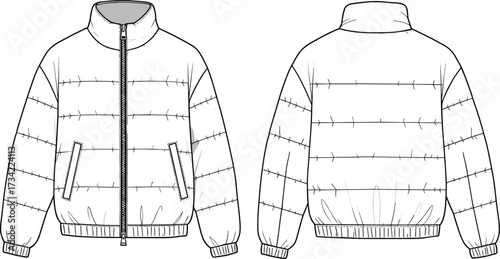 CAD drawing flat vector illustration of men’s puffer jacket with front zipper closure, ribbed hem cuffs and horizontal quilting design