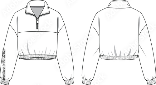 CAD drawing flat vector illustration of cropped half zip pullover sweatshirt technical fashion sketch with elastic hem and long sleeves