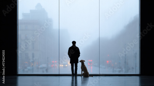 Lonely silhouette of person with dog companion, standing at large window looking out at foggy city street. contemplative and pensive view of urban life