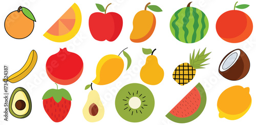 Tropical and Fresh Fruits Vector Collection – Bananas, Pineapples, Strawberries, Apples, Watermelons