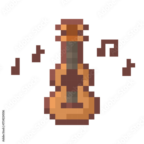 Pixel Art Acoustic Guitar with Musical Notes 8 Bit Style
