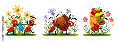 Cartoon ant characters are working together in a summer flower filled field, carrying food, leaves and giant fruit. Cheerful vector scene showcases insect teamwork, nature and playful determination