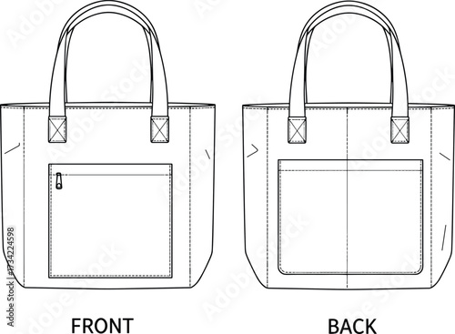 CAD drawing flat vector illustration of stylish tote bag technical fashion sketch with front zipper pocket and back open pocket design
