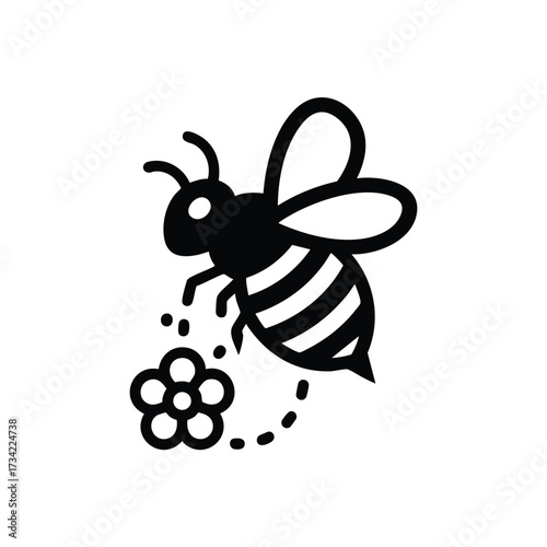 Simplified of a Bee Pollinating a Flower with Dotted Flight Path on